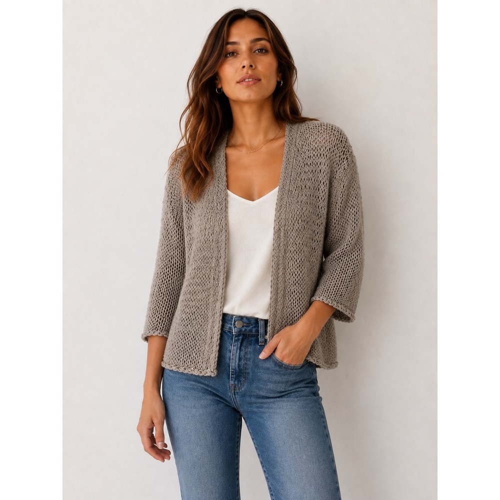 Eileen Fisher Cardigan Womens L Gray Taupe Knit Open Front Loose Knit Coastal